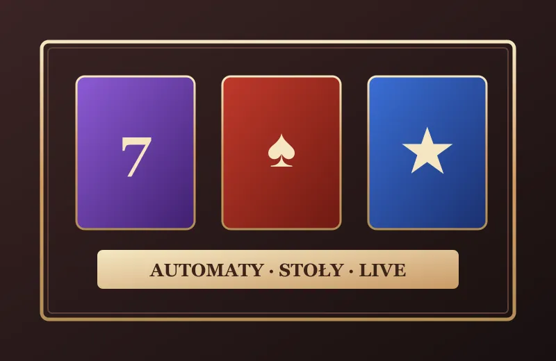 Trzy karty gier w złotej ramie – automaty, stoły i live w BV Casino