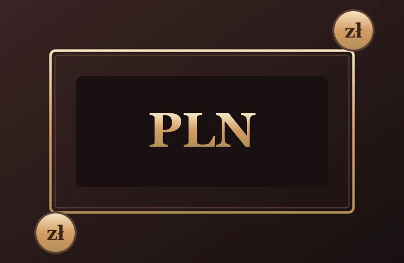 Złoty napis PLN w ramie i monety – kasa BV Casino